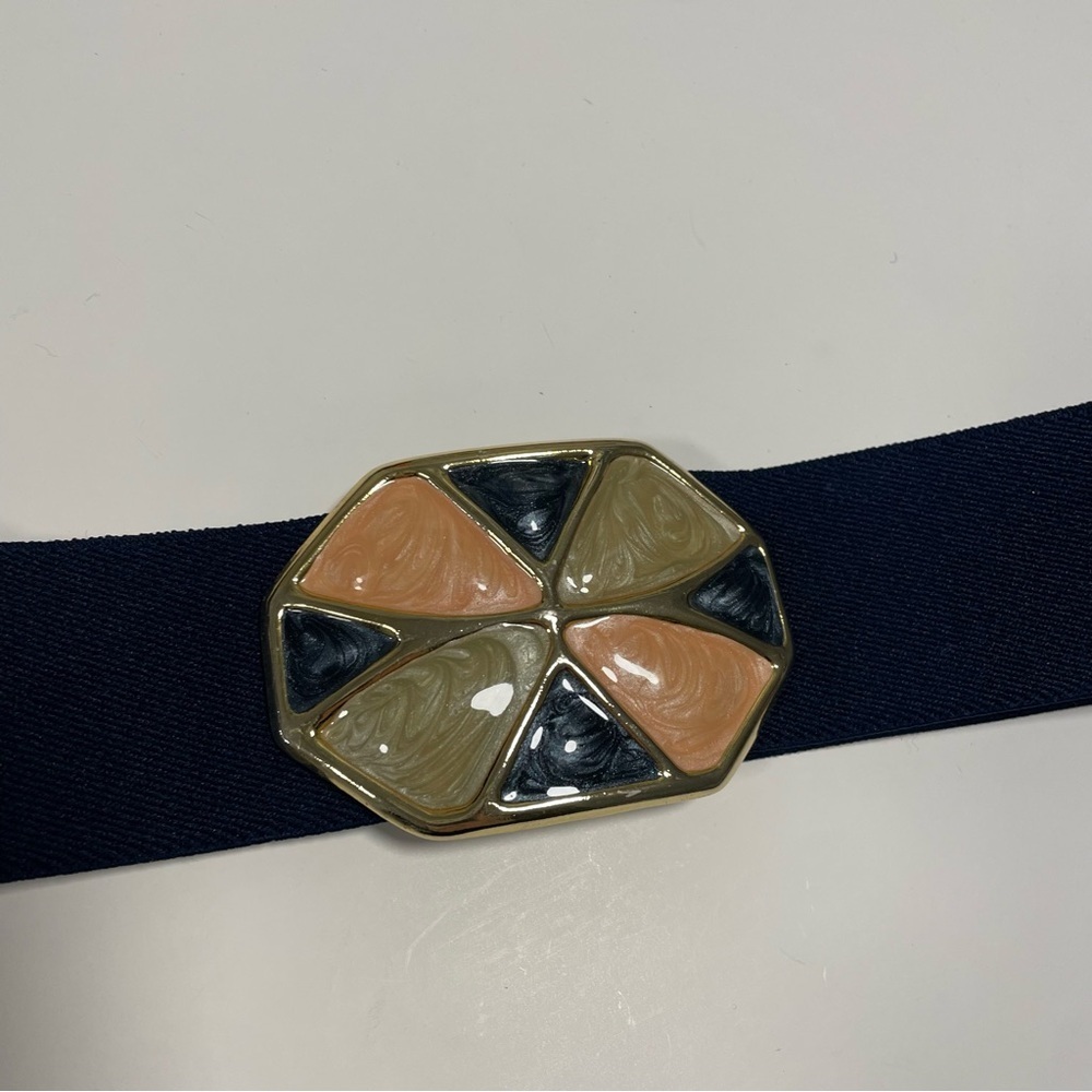80s Vintage Elastic Waist Belt Large Hexagonal Stained Glass Buckle Size Small